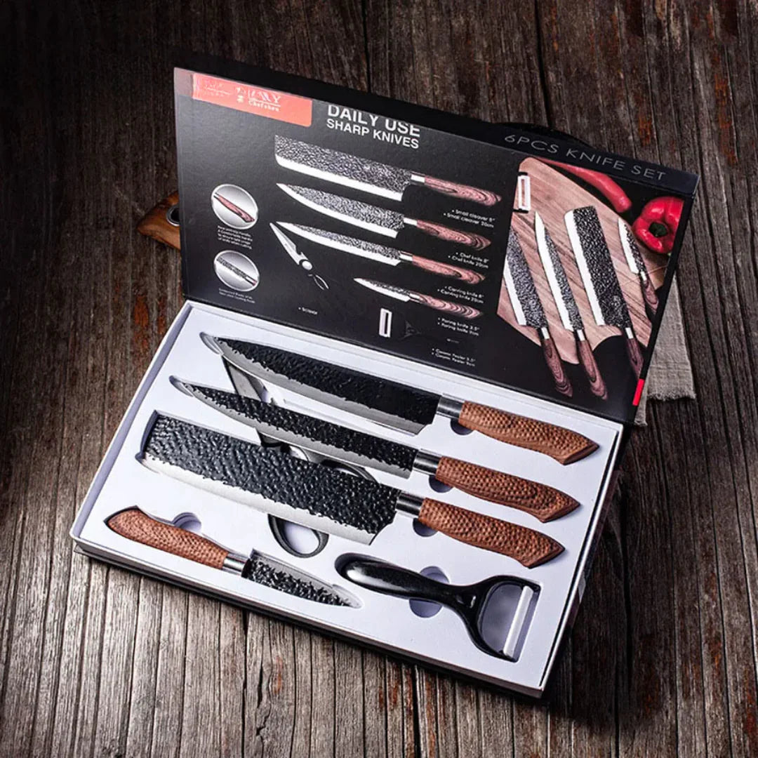 6-Piece Professional Forged Knife Set • Wood Combo by BRAVUS™